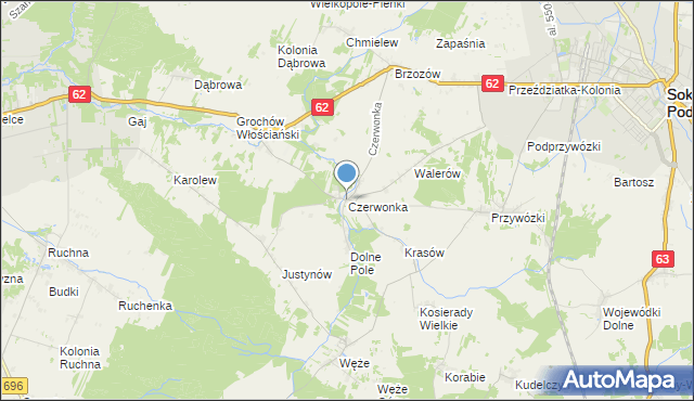 mapa Czerwonka, Czerwonka gmina Sokołów Podlaski na mapie Targeo
